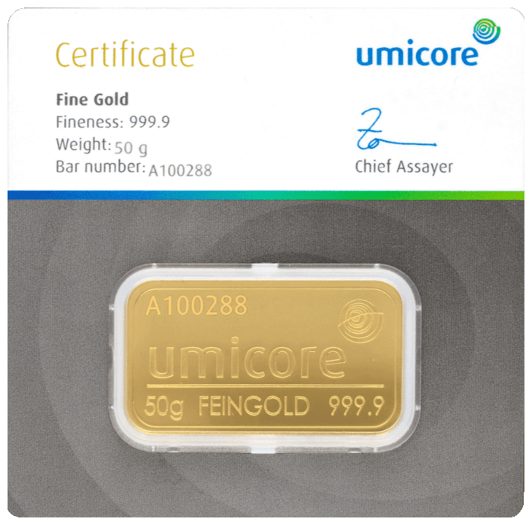 50 g Goldbarren Umicore-zertifiziert